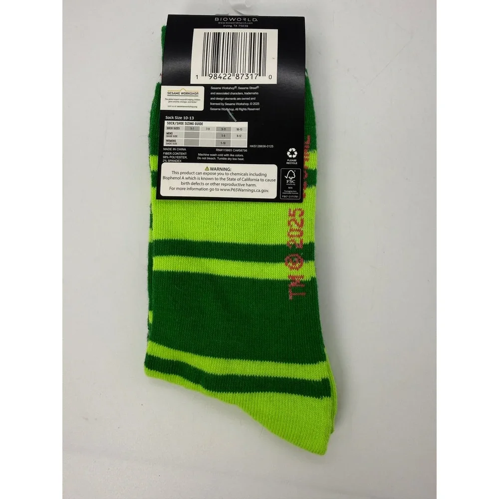 Sesame Street Oscar the Grouch Crew Socks Green Striped Bioworld Mens‎ 8-12 NEW